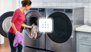 Image of a woman using a laundry appliance and centered on the Nana Technologis Inc logo