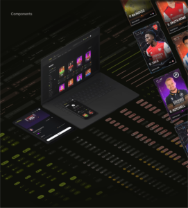 image showing the design system elements next to the laptop and iPhone for the NFT sports game project