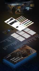 image showing system design elements and branded marketing elements for the SaaS web platform against the background of an illustration with workers at an open pit mine 