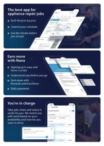 Nana branding showing visual banners with Nana Pro mobile app for technicians for App Store and Google Play