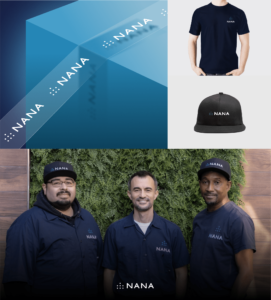 Nana branding shows the design of physical elements such as t-shirts, baseballs, boxes, and tape. Company employees wearing branded clothing.