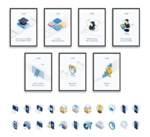 Nana branding showing posters with illustrations depicting the core values of the company and brand and a set of branded isometric icons