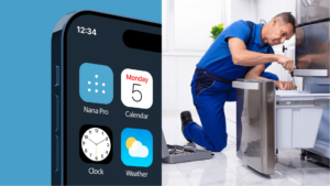 Nana's branding of a mobile app icon on the iPhone screen and a technician repairing a refrigerator